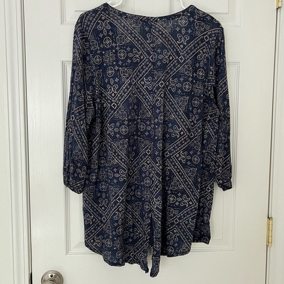 Lucky Brand Blue 3/4 Sleeve Boho Top Size 1X Spring Blouse Paisley Floral Print - Picture 7 of 8